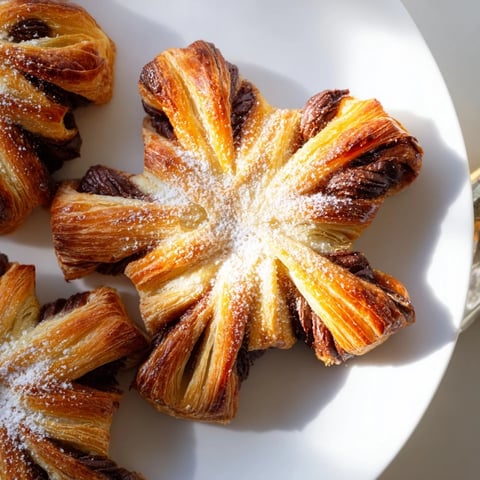 Golden, flaky Express Nutella Puff Pastry Snowflakes dusted with powdered sugar, perfect for a treat.