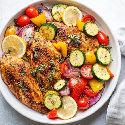 Sheet pan lemon oregano chicken cutlets with roasted vegetables, a healthy Mediterranean meal.