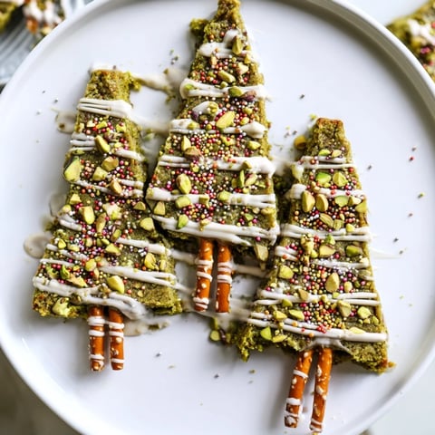 Matcha Pistachio Christmas Tree Blondie Bars, cut into festive trees, ready to enjoy with a drizzle of white chocolate.