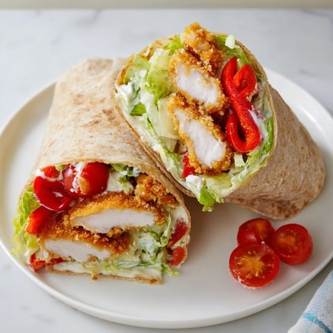 Warm, golden-brown Crispy Santa Hat Chicken Caesar Wrap filled with fresh romaine and tomato.