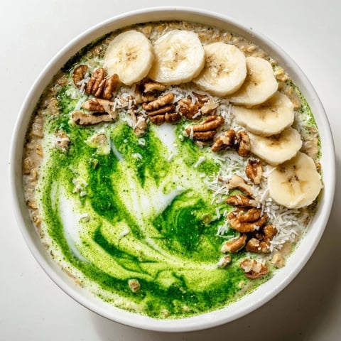Creamy High-Protein Eggnog Matcha Overnight Oats with banana slices and toasted coconut, ready to eat.