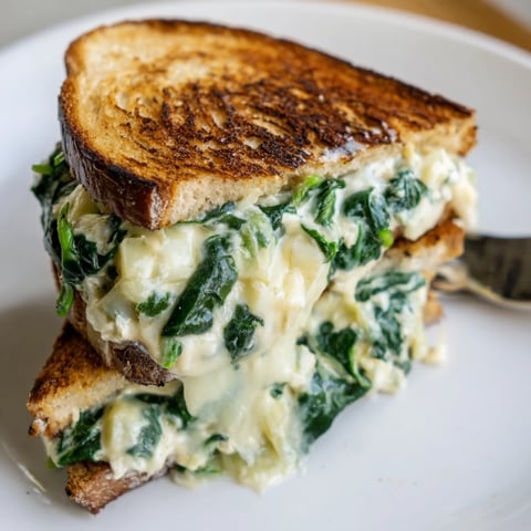 Golden, crispy Air Fryer Spinach & Artichoke Dip Grilled Cheese, oozing with melted cheese, a savory meal.
