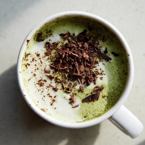 Steaming Collagen Peppermint Mocha Matcha Latte, a vibrant and frothy drink swirled in a white mug.