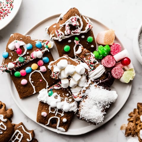 A delightfully arranged Gingerbread House Board, complete with colorful candies and gingerbread pieces ready for building.