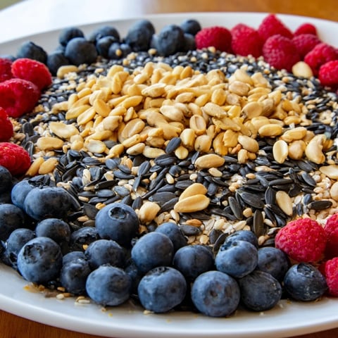A Singing Bird Seed & Berry Platter, showing a colorful spread of seeds and berries for hungry songbirds.