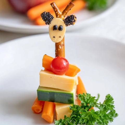Long-Necked Giraffe Snack Tower: A fun, kid-friendly snack featuring colorful fruits and cheeses, perfect for a party.