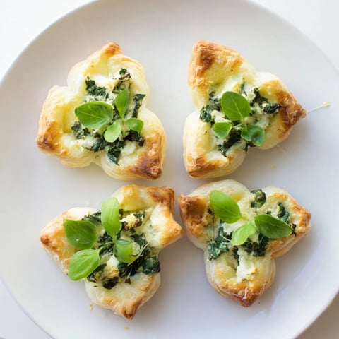 Golden, flaky Lucky Clover St. Patrick's Day Bites, filled with creamy spinach and cheese, ready to eat.
