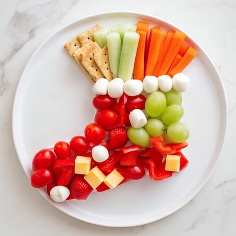 Christmas Stocking Snack Tray arranged with fresh, colorful vegetables, cheese, and crackers, a perfect holiday appetizer.