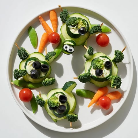 Slow & Savory Turtle Crudités: Vibrant veggie turtles with herb dip, ideal for a fun, healthy appetizer.