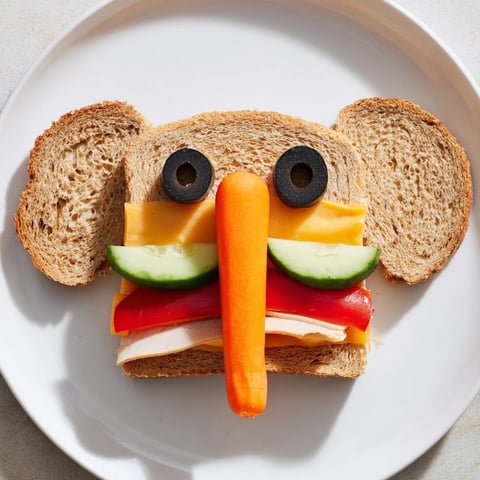 Big Top Elephant Sandwich Board bursting with colorful veggies and tasty turkey slices, a fun snack.