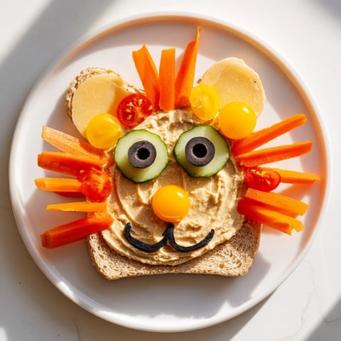 A fun King of the Jungle Lion Lunch Board with a vibrant, colorful, healthy lunch spread.