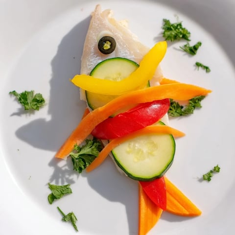 A beautifully plated Light Fish-Shaped Meal with colorful vegetable scales, ready to serve.