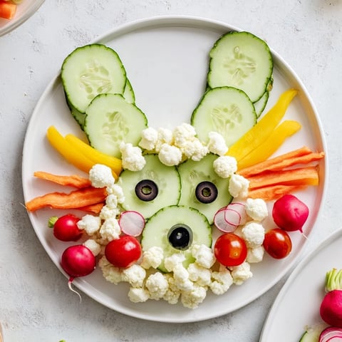 Easter Bunny Spring Platter: A colorful veggie platter shaped like a bunny, perfect for a fresh Easter appetizer.