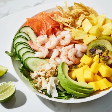 A colorful Tropical Wave Tasting Platter with shrimp, mango, and coconut flakes, ready to enjoy.