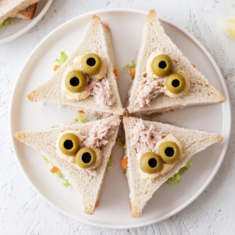 Mini Starfish Sandwiches, ocean-themed appetizers, tuna filling, and olive eyes, ready to eat.