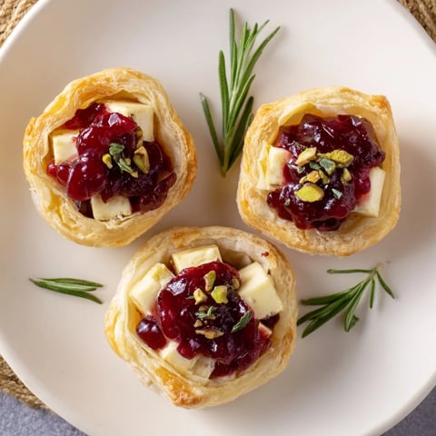 Golden, flaky Mini Cranberry Brie Tart Wreath, with creamy cheese, ready for holiday serving.
