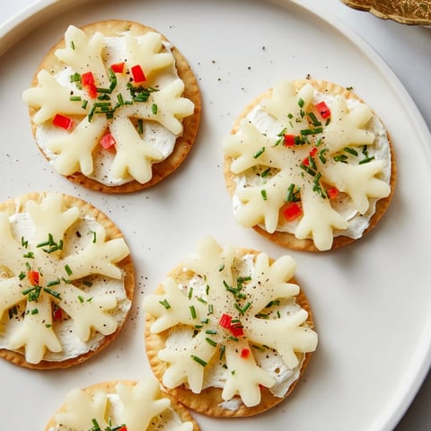 Savory bites: Cracker and cheese snowflake appetizer, beautifully presented with vibrant garnishes and ready to eat.