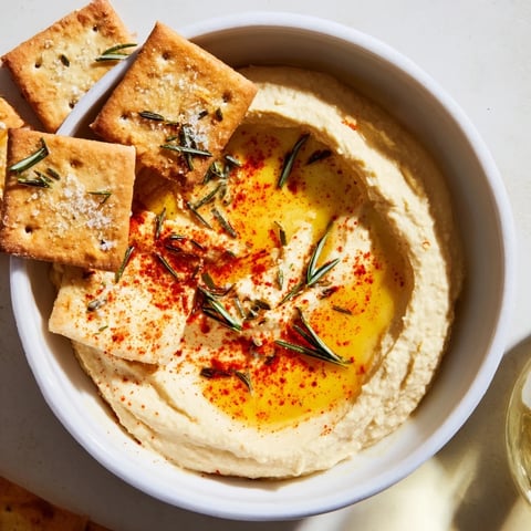 Golden-brown Holiday Crackers: rosemary crackers sit beside creamy hummus, ready to be enjoyed.
