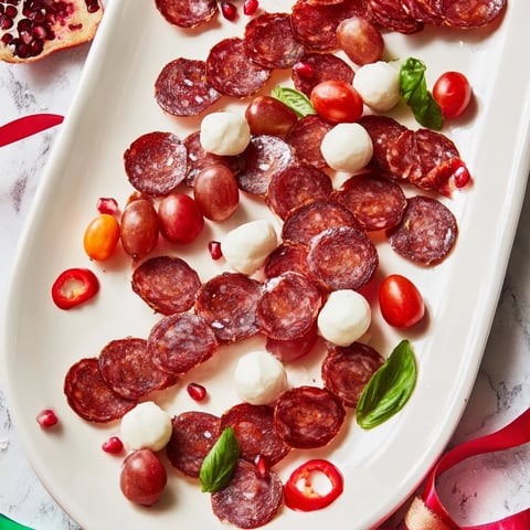 Festive Candy Cane Zigzag charcuterie board with vibrant reds, whites, and green herb garnishes.