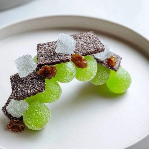 Sugared green grapes and rock candy sparkle inside a dark chocolate cracker "Crystal Cave" dessert.