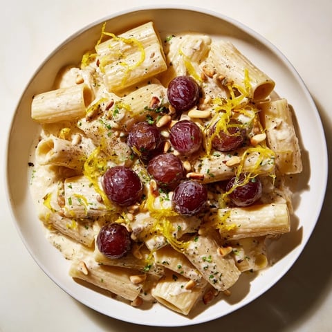 Pasta with roasted grapes and ricotta, showcasing sweet blistered grapes tossed with creamy pasta.