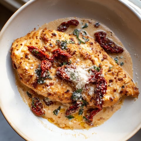 Creamy Marry Me Chicken dish featuring tender chicken breasts coated in sun-dried tomato sauce.