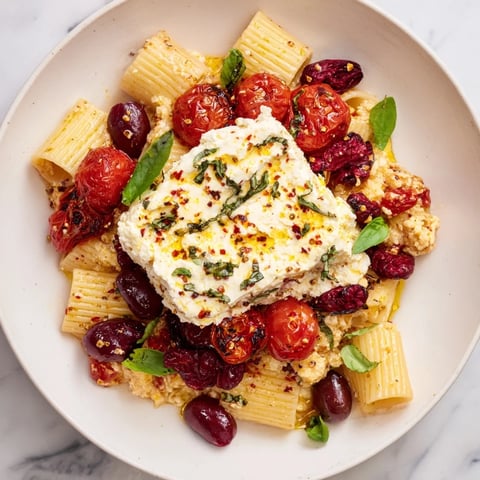 Creamy Baked Feta Pasta with cranberries, bursting tomatoes, and fresh basil, ready to eat.