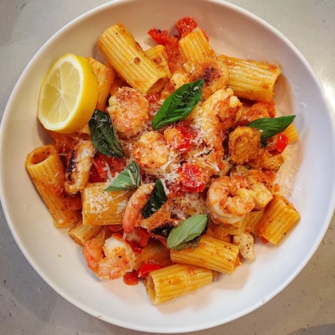One-Pot Diavola Pasta features spicy tomato sauce coating chicken and shrimp, ready to eat.