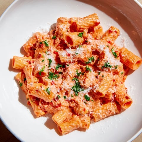 A steaming bowl of Gigi Hadid-Style Spicy Rigatoni, creamy tomato sauce, and fresh parsley garnish.
