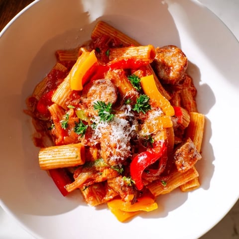 Sausage and Peppers Pasta simmering in a skillet, bursting with colorful peppers and savory sausage.