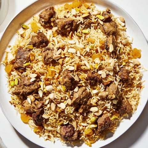 A steaming platter of Saudi Kabsa Rice with golden raisins and toasted almonds is ready.