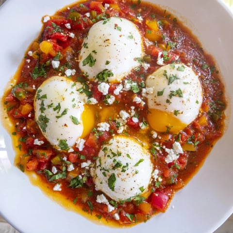 Steaming Israeli Shakshuka eggs in a flavorful tomato sauce, garnished with fresh herbs, ready to serve.