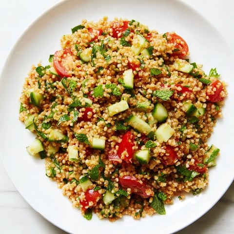 A bright bowl of bulgur wheat Tabbouleh salad, studded with fresh herbs and vegetables.