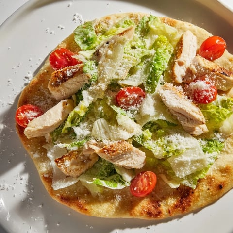 Golden Caesar Chicken Flatbread with grilled chicken slices, fresh romaine, creamy dressing, and melted Parmesan on a crisp base.  