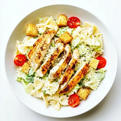 A close-up of a Caesar Pasta Chicken Bowl showing grilled chicken strips over pasta and crisp romaine with creamy dressing.