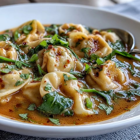 Vibrant red curry wonton soup with tender greens, garnished elegantly.