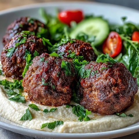 Golden-brown venison meatballs with spiced salad and creamy hummus on a white plate, close-up view.  