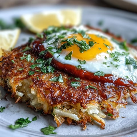 Crispy golden celeriac rösti topped with spicy harissa yogurt and a perfectly fried egg, served hot for a vibrant vegetarian brunch.