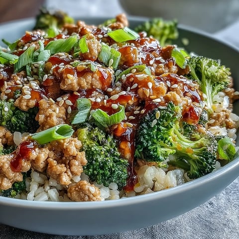 Vibrant Sweet and Spicy Turkey Broccoli Bowls feature glazed ground turkey, steamed green broccoli, and brown rice, garnished with sesame seeds and green onion on a wooden table.