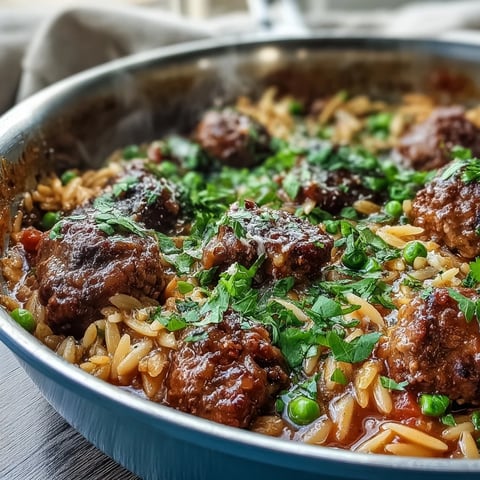Bubbling Comforting Ground Beef Orzo Dinner with ground beef, bell peppers, and orzo simmered in a rich tomato broth.
