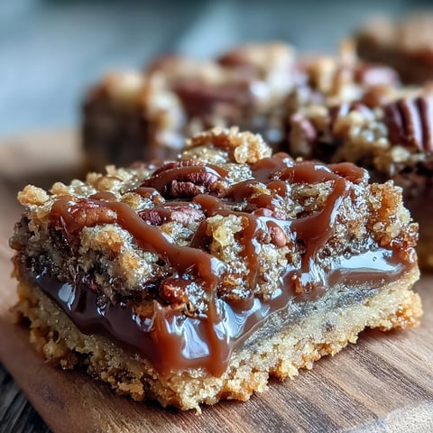 Decadent Sweet and Chewy Turtle Bars with Chocolate and Caramel are cut into squares, revealing gooey caramel and chocolate layers.