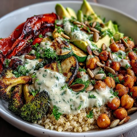 A close-up of a vibrant Vegetable and Legume Bowl with roasted broccoli and chickpeas on fluffy quinoa.