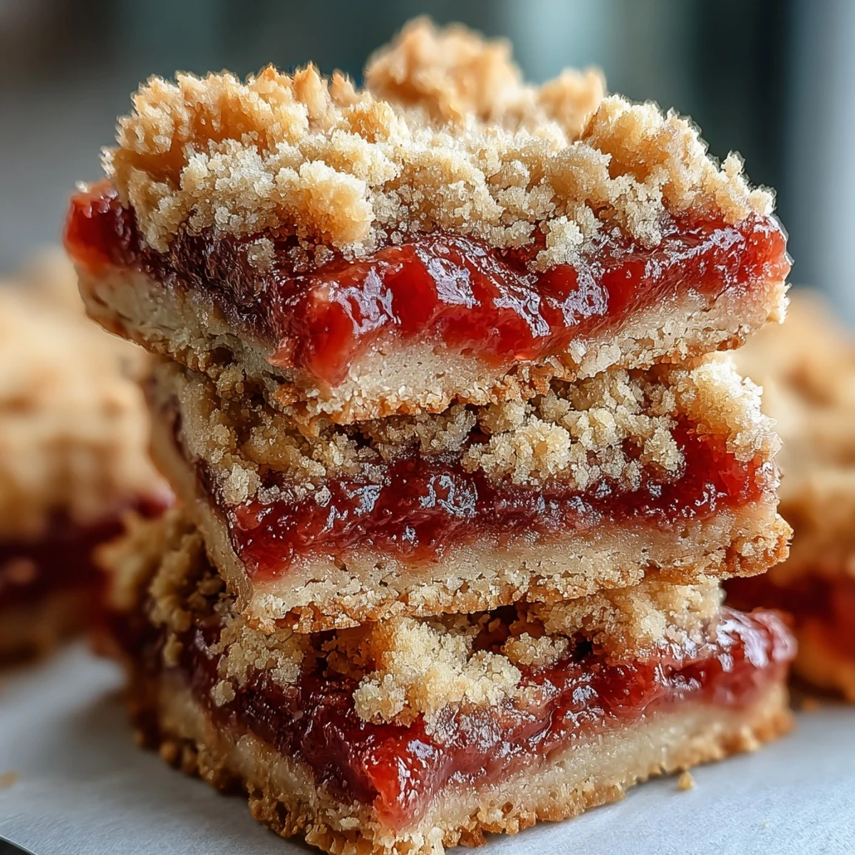 Golden-baked Guava Jam Bars with a crumbly streusel topping on a wooden board.