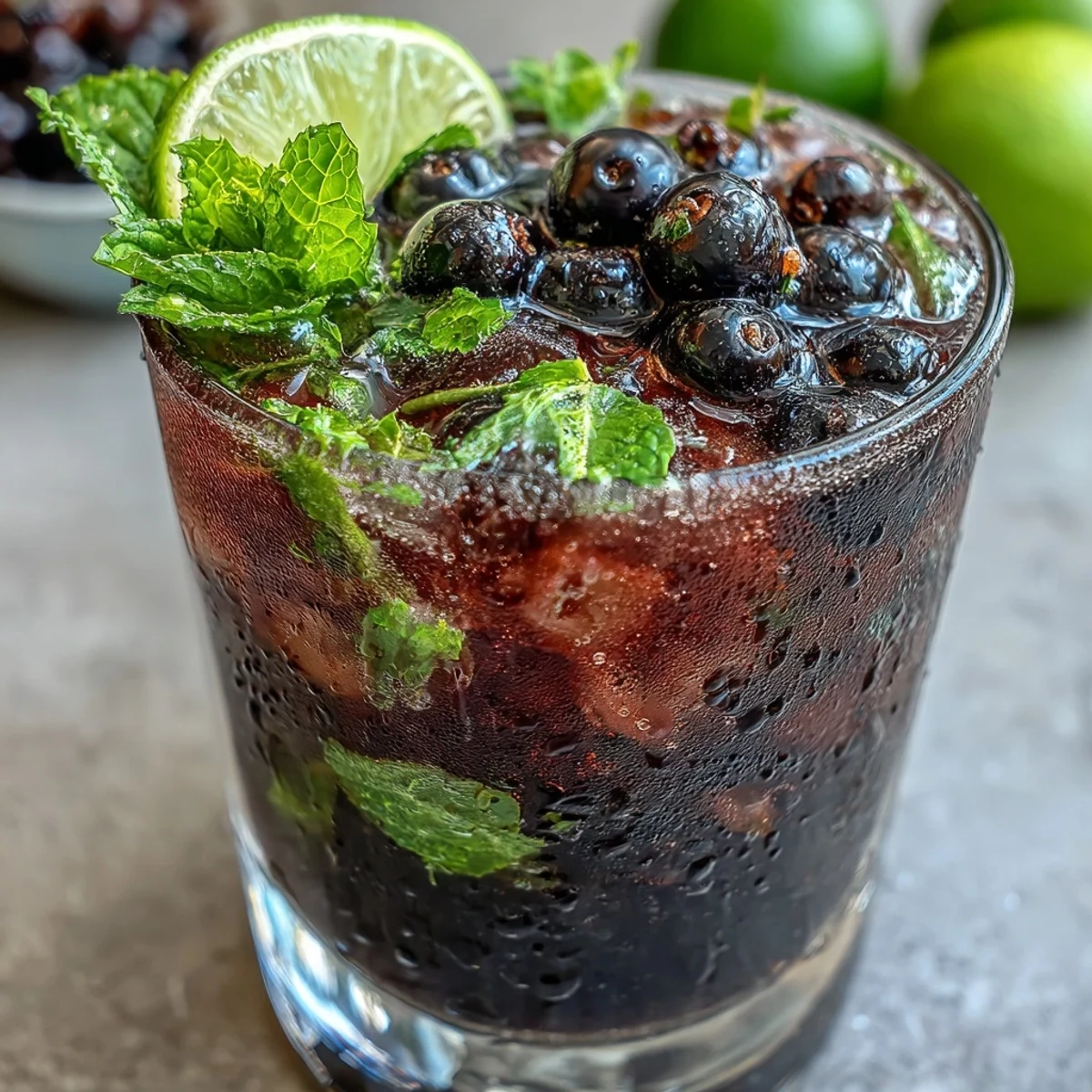 A tall glass of Black Currant Mojito filled with crushed ice, muddled mint, and a vibrant red-purple hue from the fruit jam.