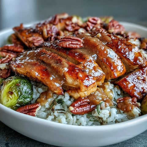 A warm Maple Dijon Chicken Sweet Potato Bowl with roasted vegetables and pecans, ready to serve.
