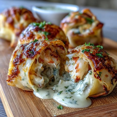 Golden-baked Cheesy Seafood Tortilla Bombs topped with fresh parsley and drizzled in creamy garlic sauce.