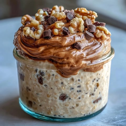 Creamy Chunky Monkey Protein Overnight Oats layered with banana slices, chocolate chips, and chopped walnuts in a glass jar.