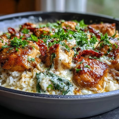 Creamy Tuscan Chicken Rice Skillet with golden chicken and melted Parmesan in a rich garlic sauce.