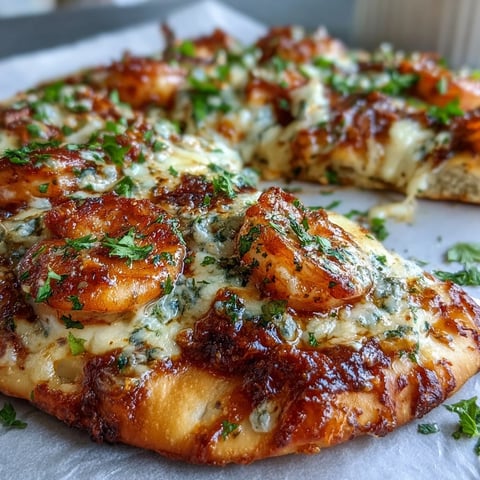 Golden, bubbly mozzarella melts over garlicky shrimp and sauce on warm naan bread crust.