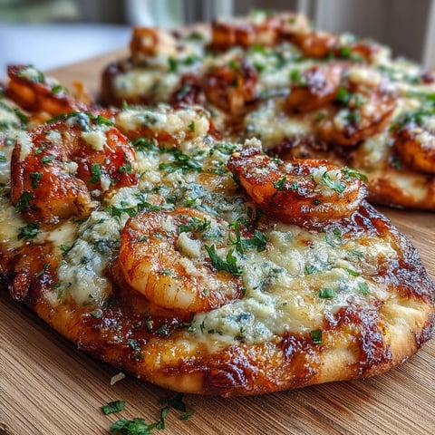 Golden, bubbly mozzarella and garlic butter shrimp top charred naan on a rustic wooden board, ready to serve.